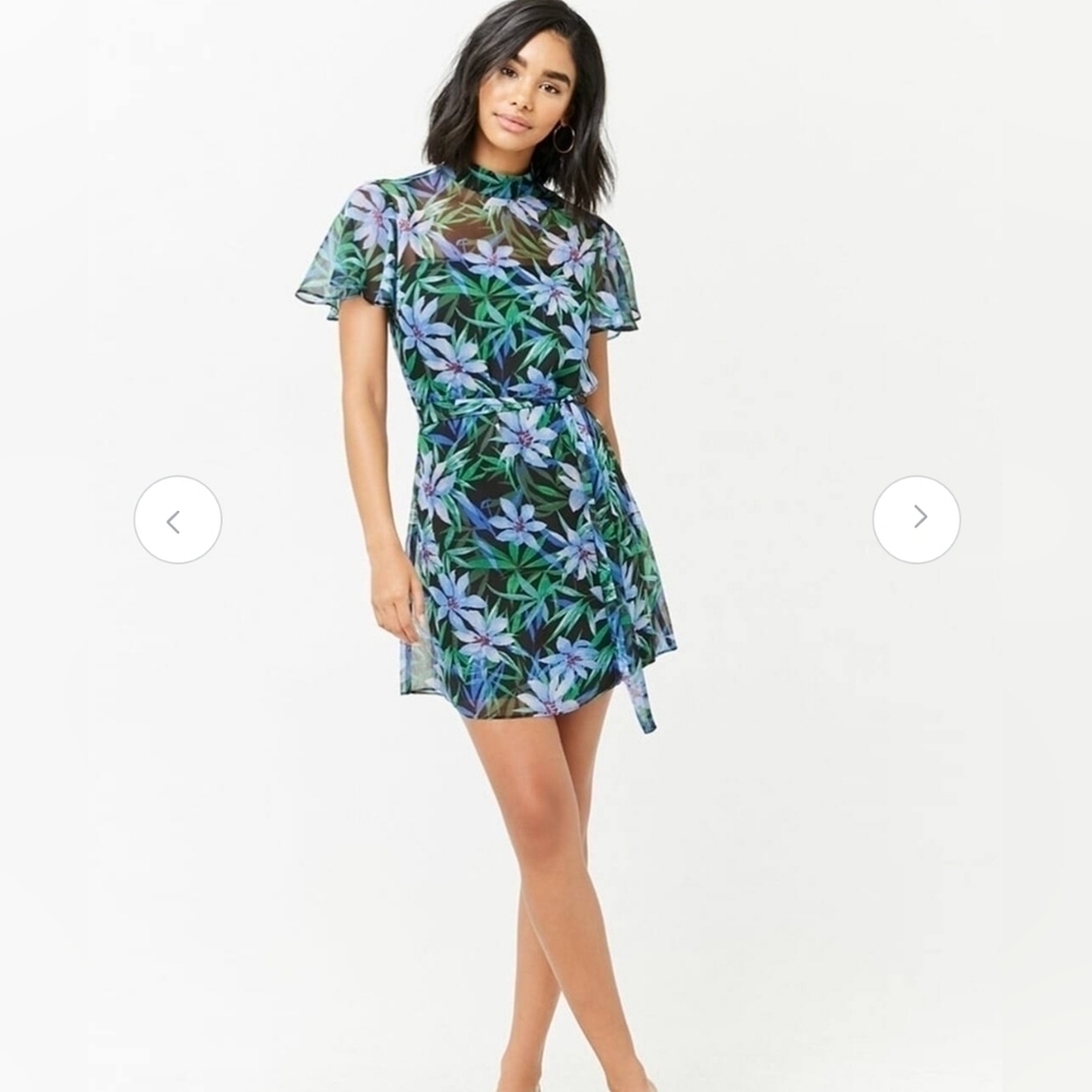 2/$20 Forever 21 Blue Green Floral Print Semi Sheer A Line Dress Size - Picture 3 of 16
